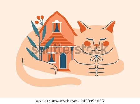 Cute illustration with white cat, who lying around cartoon house with plants, leaves, berries. Cozy clip art with domestic pet, animal, building. Sweet home concept. Art for card, banner, sticker.