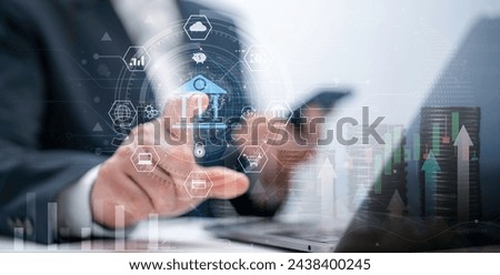 Businessman using laptop touch digital virtual bank on network of Financial data and banking networking and Decentralized Finance, FinTech, cyber security.Digital marketing.