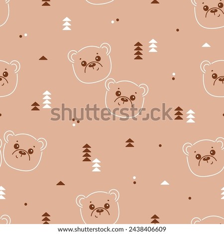 Cute Bear and Trees Seamless Brown Pattern. Forest Pattern of Line Art Teddy Bear Face for baby design. Vector illustration