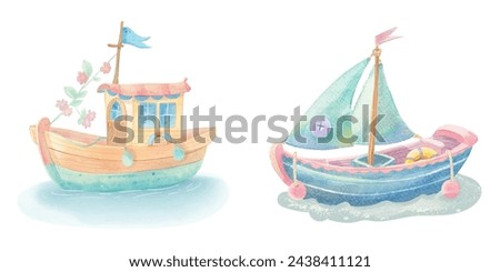 cute boat watercolour vector illustration 