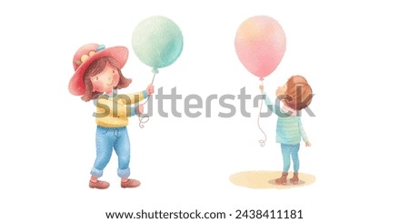 cute kid holding balloon watercolour vector illustration 
