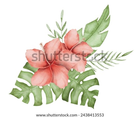 Hibiscus Flower Watercolor illustration. Hand drawn clip art on isolated background. Drawing of a Tropical blooming plant and exotic leaves. Painting of floral print for summer and beach wear.