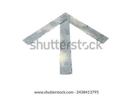 White cement arrow symbol, old, damaged isolated on white background with clipping path.