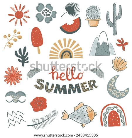 Hand drawn vector illustration set of summer elements. Doodle summer collection. 