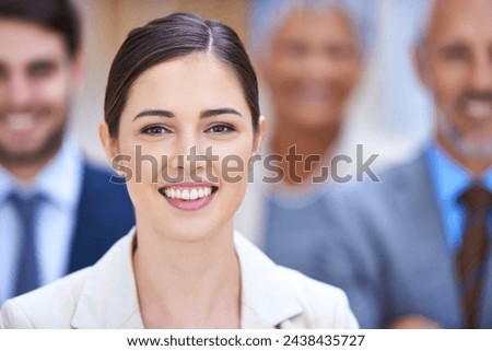Professional woman, face and leadership, confidence or teamwork for about us in workplace or law firm. Portrait of lawyers and group of people with smile or happy for business, career and integrity