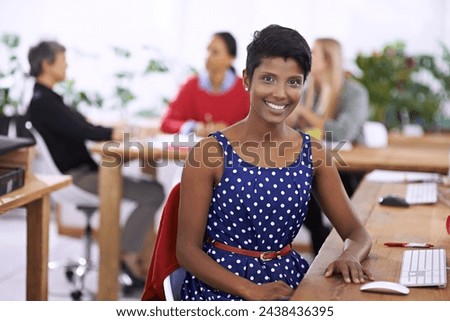 Portrait, smile and business woman by keyboard in office, journalist and professional for productivity. Editor, happy or face by computer for digital writing or creative for online blog of company