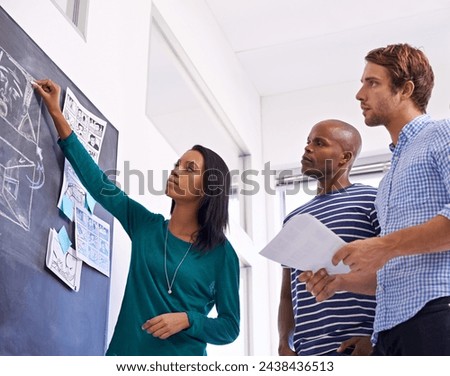Business people, planning or creative by chalkboard in office for storyboard drawing or designer meeting. Graphic design, men or woman and teamwork by blackboard or startup for cartoon project