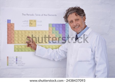 Laboratory, periodic table and portrait of scientist with research, teaching and smile in classroom. Science, education and professor man pointing at chemical elements on poster at lecture for study