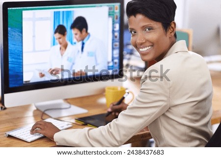 Black woman, portrait and editor worker at computer with a smile and ready for digital photo editing. Tech, desk and professional with online job and confidence from company and creative career