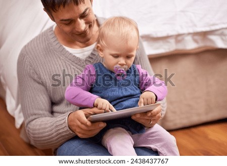 Tablet, search or father and baby on a floor for cartoon, streaming or gaming while bonding at home. Digital, learning or dad and girl in bedroom with storytelling app, fantasy or child development