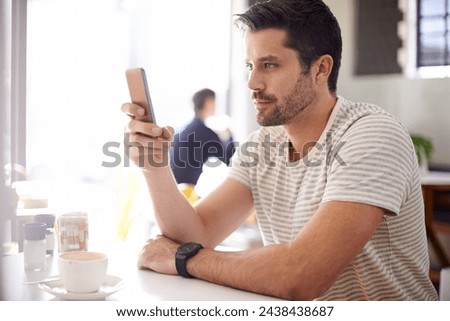 Man in cafe, smartphone and scroll on social media, reading on mobile app or ebook with communication and contact. Chat, email or text message with tech, search internet and online at coffee shop