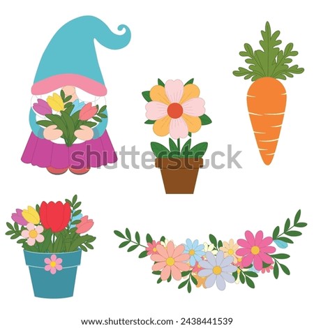 Collection of cute easter decorative clip arts. Orange carrot, pots of flowers, flower bouquet and Gnome girl.