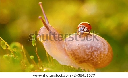 A snail and a ladybug share an intimate moment in a lush green garden. The soft focus adds a dreamy quality to this enchanting scene.