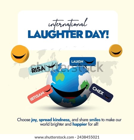 International moment of Laughter day.14th April World Laughter day celebration banner with silhouette world map, earth globe with bid smile, yellow smiling emojis and laugh in different languages. Royalty-Free Stock Photo #2438455021