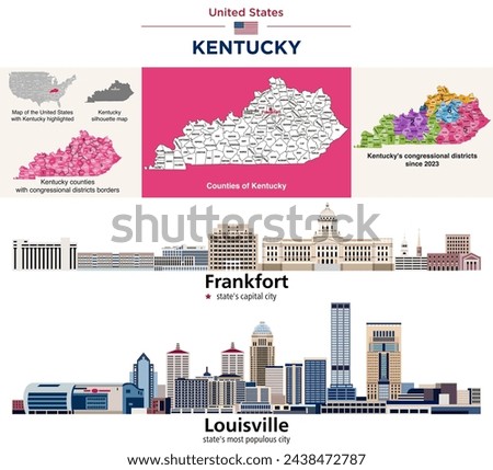 Kentucky counties map and congressional districts since 2023 map. Frankfort (state's capital city) and Louisville (state's most populous city) skylines. Vector set