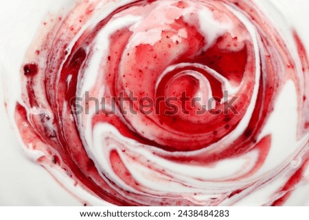 Tasty yoghurt with jam as background, top view