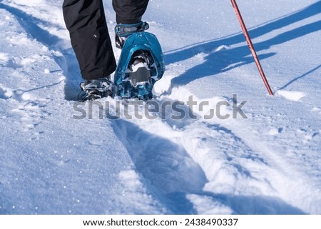 Snowshoes on boots, lifting one foot from snow, close up photo.