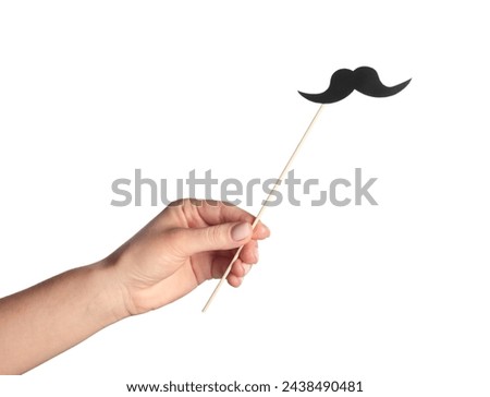 Woman with fake paper mustache on white background, closeup