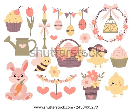 Spring. Set of Easter vector illustrations. Easter and spring decor in flat style. Easter basket, chicken, wreath, candle, garland and more on a white background.