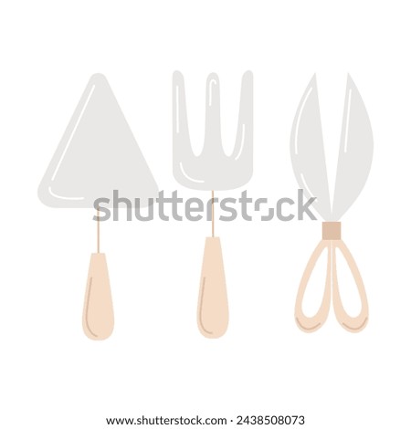 Set of gardening items in hand drawn style. A set of various agricultural and garden tools for spring work. Growing potted plants, seedling. Vector clip art illustration isolated on white background