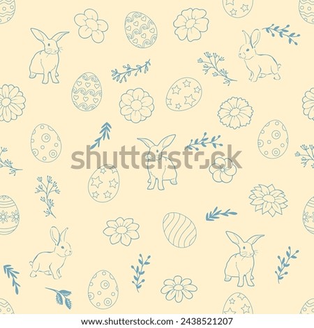 Seamless pattern with Easter bunny and colored eggs with flowers