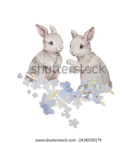 Rabbits with Forget Me Not Flowers Illustrations. Easter Bunny Watercolor Clip Art. Rabbit with Flowers Illustrations. Nursery Art Vintage