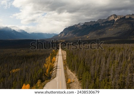 Nice aerial view of the Icefield Parkway that runs in a straight line through the Rocky Mountains of Canada.