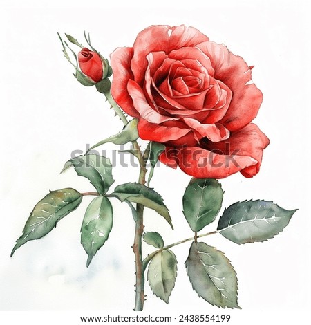 Red Rose Single Flower isolated watercolor illustration painting botanical art transparent white background greeting card stationary wedding bridal home decor
