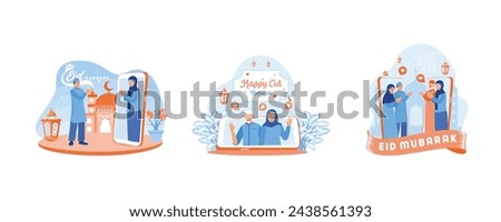 Forgive each other during Eid. Grandparents couple making video calls. Muslim families are making video calls during the pandemic. Happy Eid Mubarak concept. Set flat vector illustration.