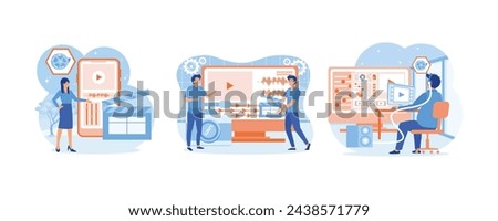 Video editor studio. Persons concept with camera work and footage editing. Multimedia content production and footage editing. Set flat vector modern illustration 