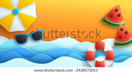 Summer beach scene with beach umbrella, life preserver, sunglasses, and watermelon slices on a crisp blue sky background. Ideal for summer marketing campaigns. Vector Illustration.