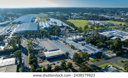 Drone aerial photograph of industrial buildings and surroundings in the Nepean Business Park in the greater Sydney suburb of Penrith in New South Wales in Australia Royalty-Free Stock Photo #2438579823