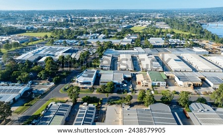 Drone aerial photograph of industrial buildings and surroundings in the Nepean Business Park in the greater Sydney suburb of Penrith in New South Wales in Australia Royalty-Free Stock Photo #2438579905