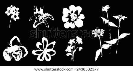 Set of Y2K vectors in photocopy style in various shapes of flowers and nature elements for graphic design decoration or tattoo designs.