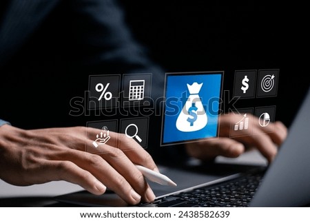 Investment concept. Businessman use laptop with financial investment icon for invest money, business and finance, capital fundraising and dollar loan credit. Royalty-Free Stock Photo #2438582639