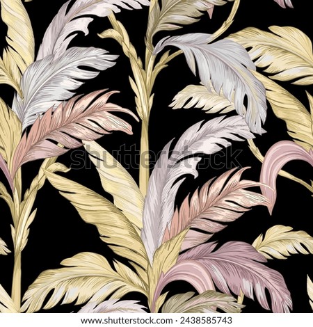 Palm leaves seamless vector pattern. Pastel tropical plants on black background
