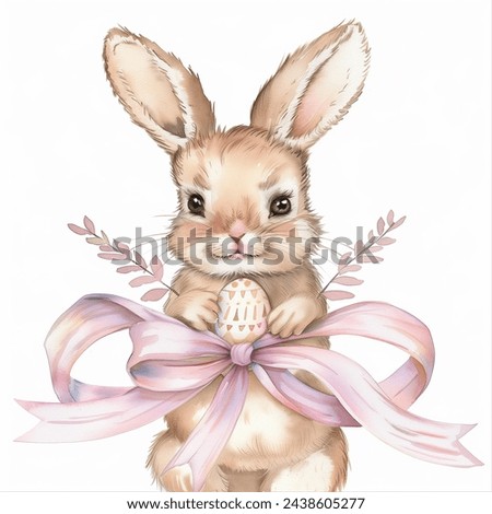 Cute Brown Gray Baby Easter Bunny Rabbit with ribbon decoration isolated watercolor illustration painting art transparent white background greeting card gift decoration paper stationery
