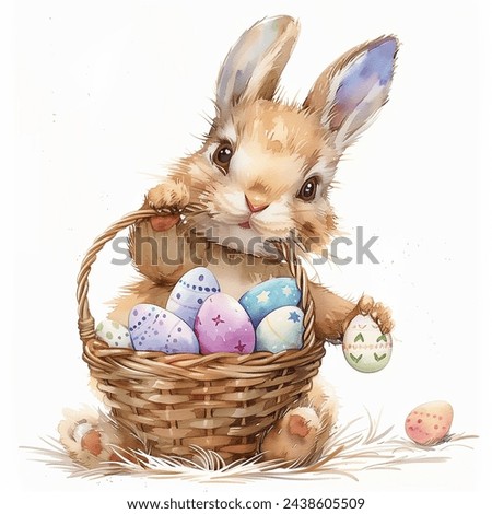 Cute Brown Gray Baby Easter Bunny Rabbit with Pastel Colorful Eggs isolated watercolor illustration painting art transparent white background greeting card gift decoration paper stationery