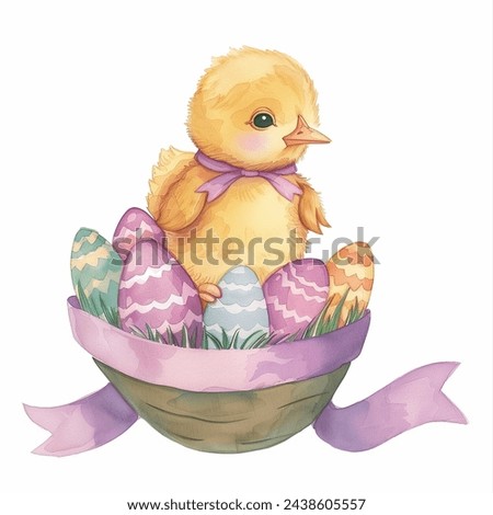 Cute Yellow Baby Chick in Easter Basket Pastel Easter Eggs isolated watercolor illustration painting transparent white background greeting card stationary holiday gift decoration paper stationery