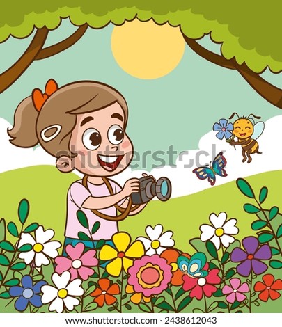  Cute kids character with camera photographing nature.kids taking photo and nautre cartoon vector