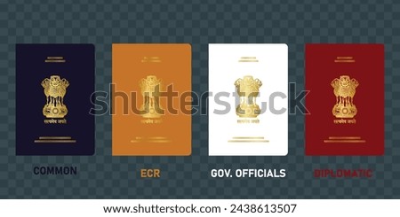 Indian Passport Variants: Black for Common Citizens, Orange for ECR, White for Government Official, Red for Diplomat. Celebrating Diversity in Unified Identity. Vector illustration in dark background.
