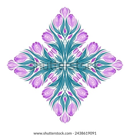 Vector clip art of kaleidoscope crocuses and foliages. Decorative art nouveau illustration of spring flowers isolated from background. Floral symmetrical bouquet for postcard, invitation.