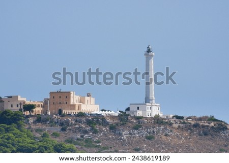 View of the promontory of Leuca, the ionic lighthouse and the historical sanctuary Santa Maria di Leuca. Leuca, Salento, Apulia, Italy Royalty-Free Stock Photo #2438619189
