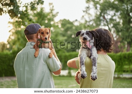 Support, care or happy family, men and kids bonding with foster puppy or pet and enjoying time together. High quality photo Royalty-Free Stock Photo #2438627073