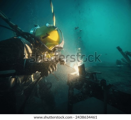 Commercial diver welding underwater at construction site