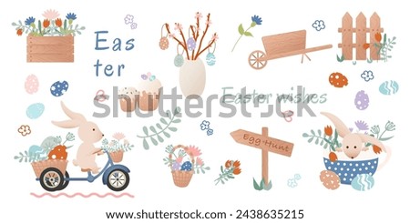 Happy Easter clip art. Set of cartoon characters in retro style. Easter bunny, bicycle with bunny, flowers, basket with Easter eggs. Vector illustration