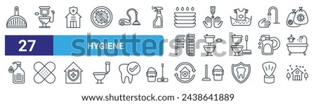 set of 27 outline web hygiene icons such as dustpan, toilet, house, hand wash, toilet, band aid, house, house vector thin line icons for web design, mobile app.