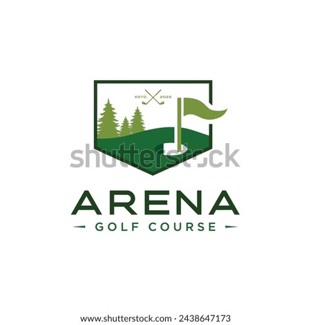 Logo of golf course with landscape view such flah, hole, and tress.