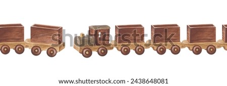 Toy Train seamless Border. Watercolor illustration for card or frame template. Painting of Baby steam Locomotive. Hand drawn clip art on white isolated background. Drawing of retro kid things