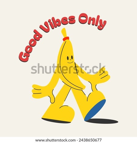 A hand drawn funny cartoon banana isolated on a white background. Print, sticker, postcard, poster, summer design element. Vector illustration in retro style.